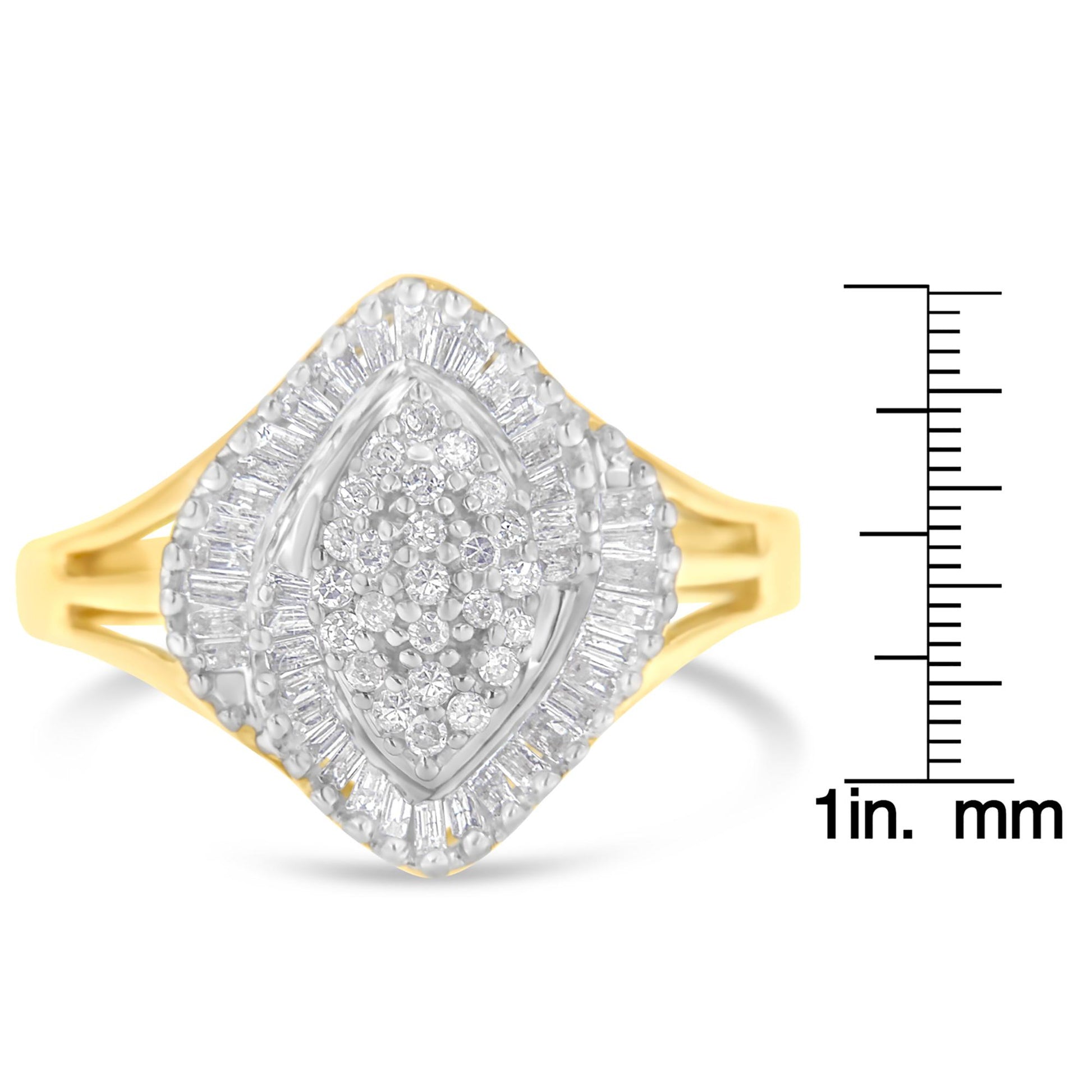 Front angle view of a yellow metal ring with a cluster of round white gemstones in prong settings at the center, surrounded by a border of baguette white gemstones in channel settings; the ring is positioned next to a scale for size reference.