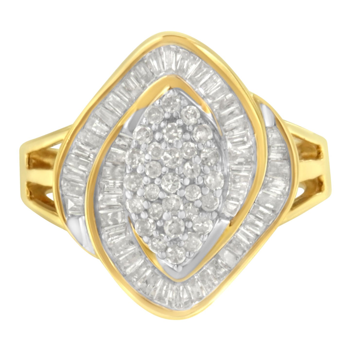 Top view of a yellow ring featuring a cluster of round white gemstones in prong settings at the center, surrounded by two layers of baguette white gemstones in channel settings.