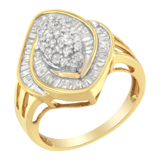 Yellow metal ring with round and baguette white gemstones, shown at an angled top view.