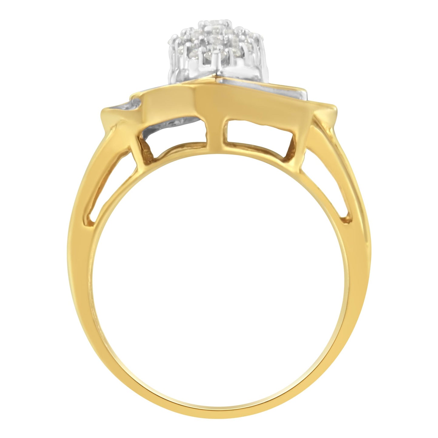Side view of a yellow ring with a cluster of round white gemstones in prong setting and baguette white gemstones in channel setting.