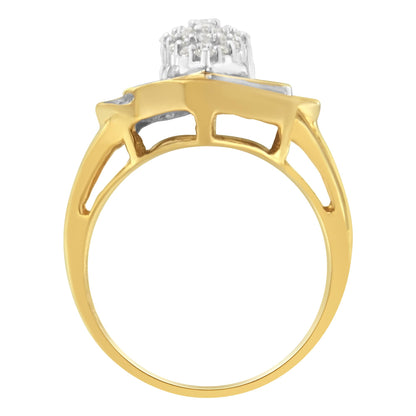 Side view of a yellow ring with a cluster of round white gemstones in prong setting and baguette white gemstones in channel setting.