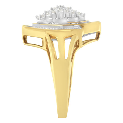 Side view of yellow metal ring with round and baguette white gemstones set on top.