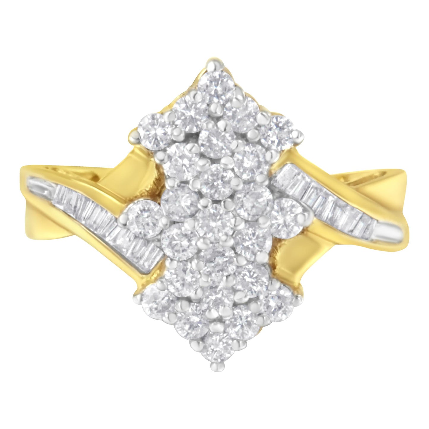 Front-facing view of a yellow metal ring with a cluster of round white gemstones in prong settings at the center, flanked by baguette white gemstones in channel settings on each side.