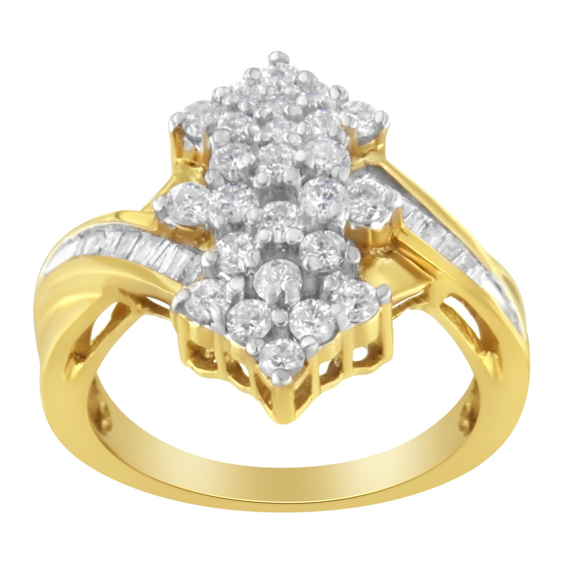 Front angled view of a yellow ring featuring clusters of prong-set round white gemstones on top and channel-set baguette white gemstones along the band.