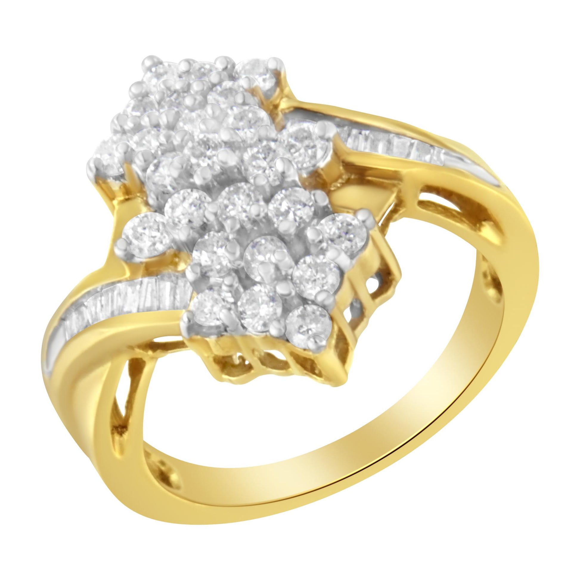 Yellow metal ring with clusters of round white gemstones in prong setting on top, accented with a row of baguette white gemstones in channel setting on the band, shown in a front angled close-up view.