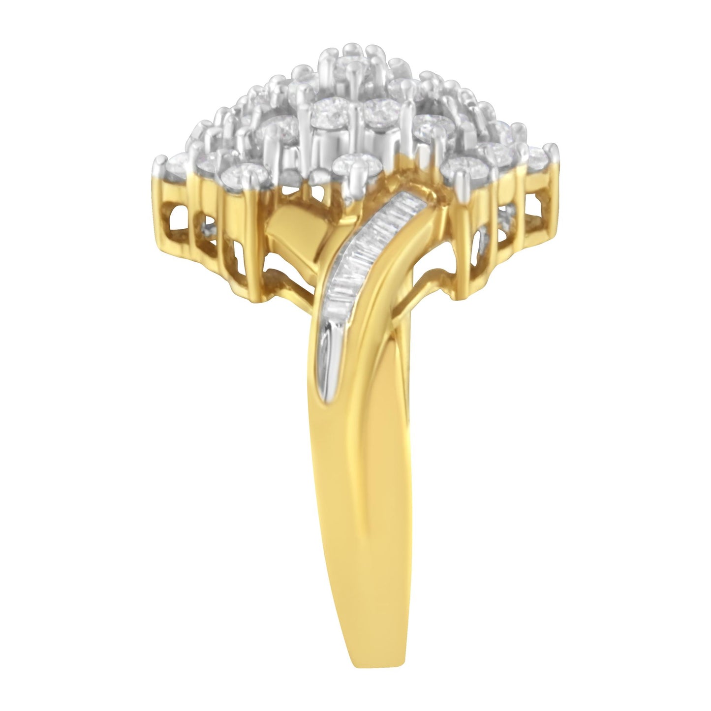 Side view of a yellow ring with round white gemstones in prong settings on the top and a row of baguette white gemstones in a channel setting along the side.