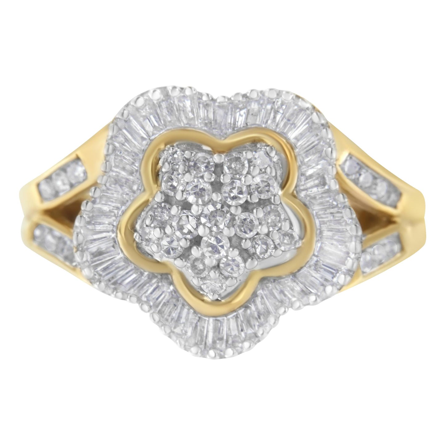 Front view of a yellow metal ring with a flower-shaped cluster of round white gemstones in the center surrounded by a border of baguette-shaped white gemstones and additional round white gemstones on the band.