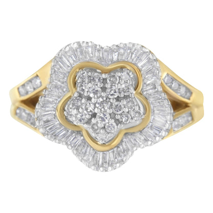 Front view of a yellow metal ring with a flower-shaped cluster of round white gemstones in the center surrounded by a border of baguette-shaped white gemstones and additional round white gemstones on the band.