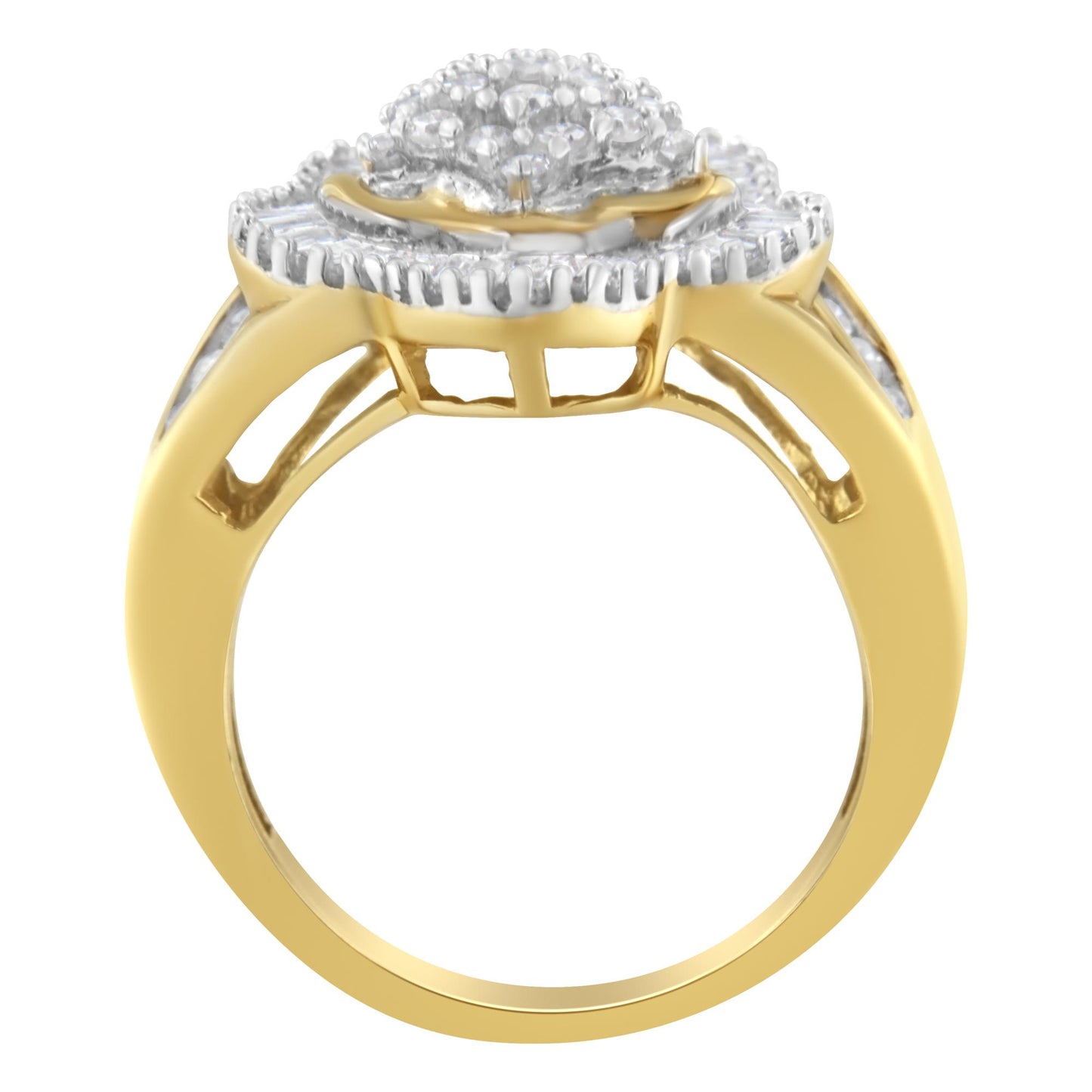 Yellow metal ring with round and baguette white gemstones in prong settings, side view angle.