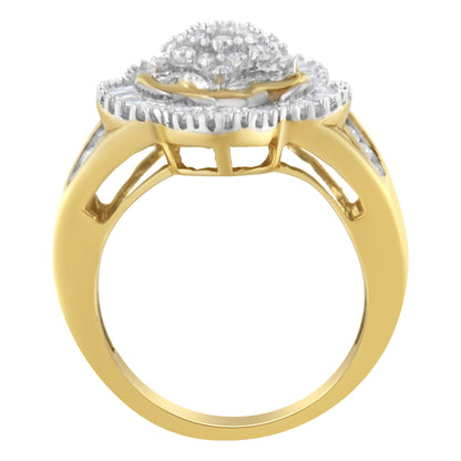 Yellow metal ring with round and baguette white gemstones in prong settings, side view angle.