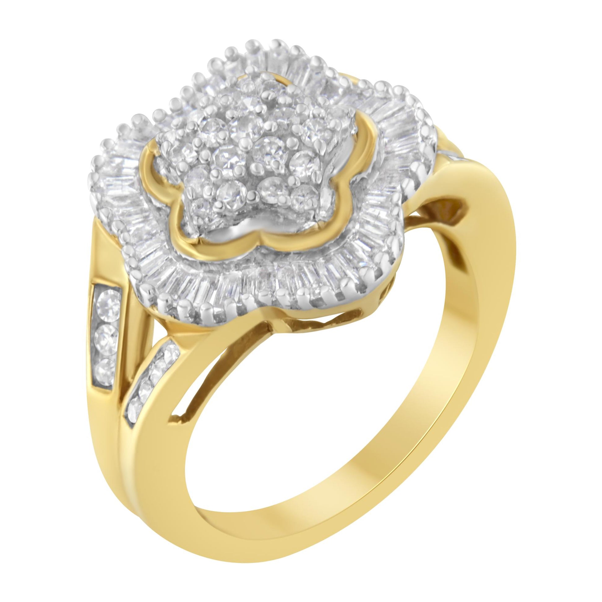 Yellow metal ring with a flower-shaped cluster of round white gemstones in prong settings, surrounded by a halo of baguette white gemstones, shown at an angled top-down view.