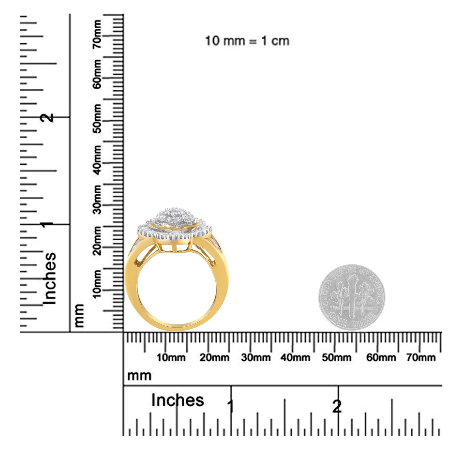 Yellow metal ring with round and baguette white gemstones in prong settings, shown from side angle on a ruler for size reference.