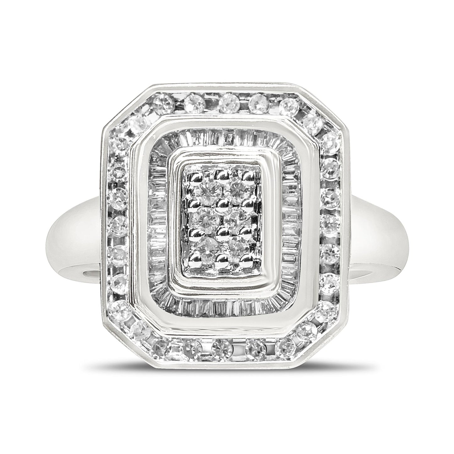 Front-facing view of a white metal ring with concentric rectangular layers featuring round white gemstones in a pave setting and baguette-shaped white gemstones in a channel setting.