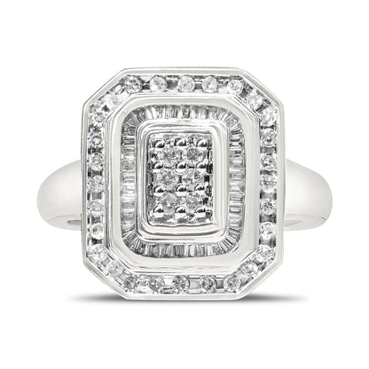Front-facing view of a white metal ring with concentric rectangular layers featuring round white gemstones in a pave setting and baguette-shaped white gemstones in a channel setting.