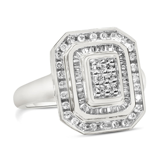 White metal ring with a multi-layered square top featuring concentric rows of round pave-set and baguette channel-set white gemstones, shown at a slight angle.
