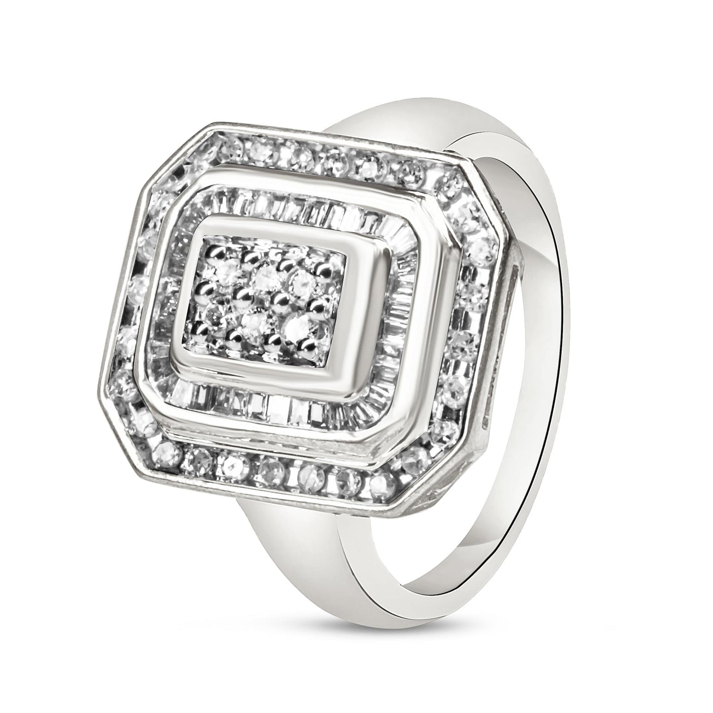 White metal ring with a tiered rectangular design, featuring round gemstones in pave setting in the center and outer border, and baguette gemstones in channel setting in the middle tier, shown from a slightly tilted front angle.