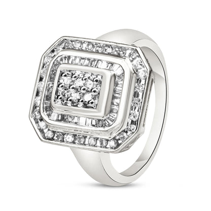 White metal ring with a tiered rectangular design, featuring round gemstones in pave setting in the center and outer border, and baguette gemstones in channel setting in the middle tier, shown from a slightly tilted front angle.