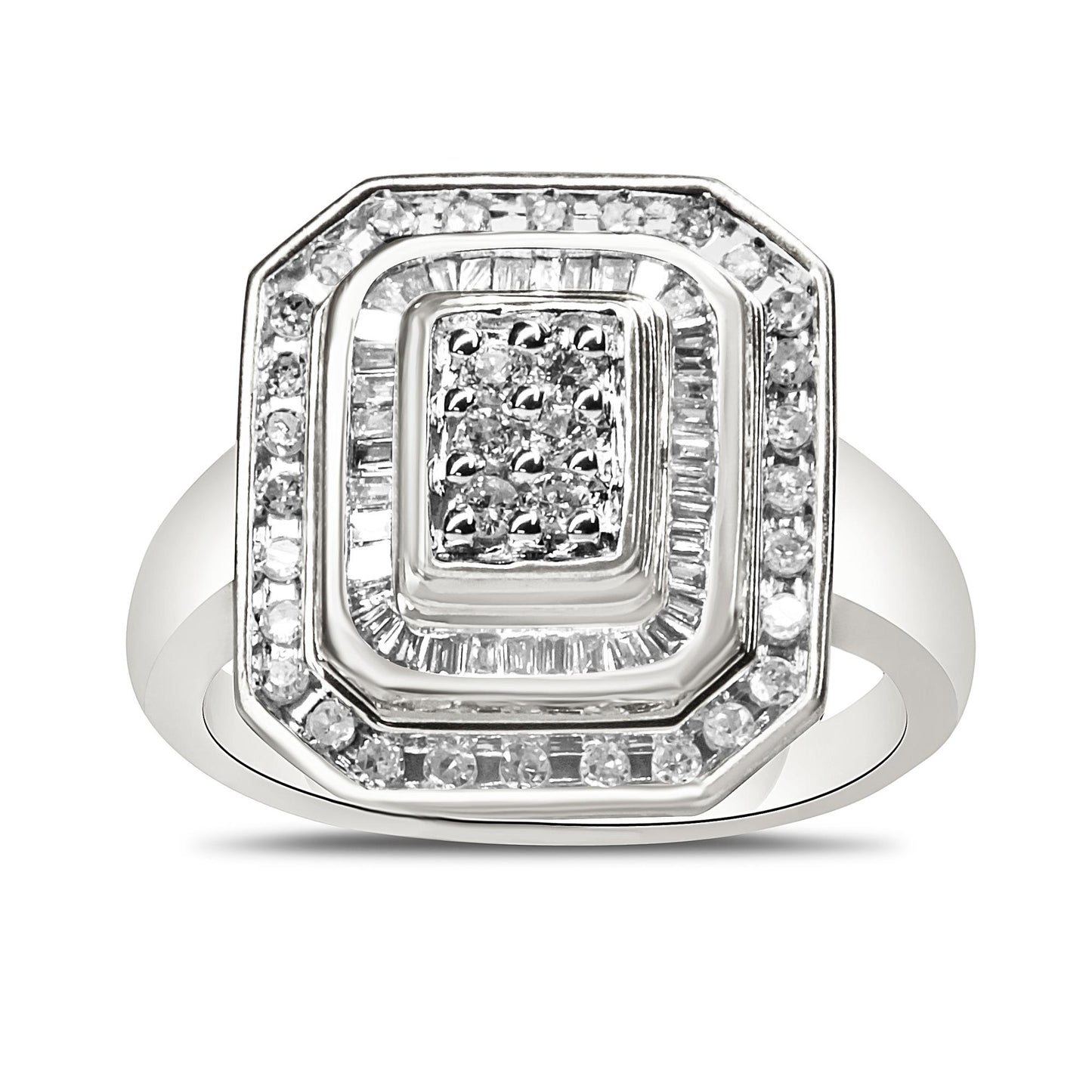Front-facing white metal ring with square cluster of round white gemstones in pave setting, surrounded by baguette white gemstones in channel setting and an outer border of round white gemstones.