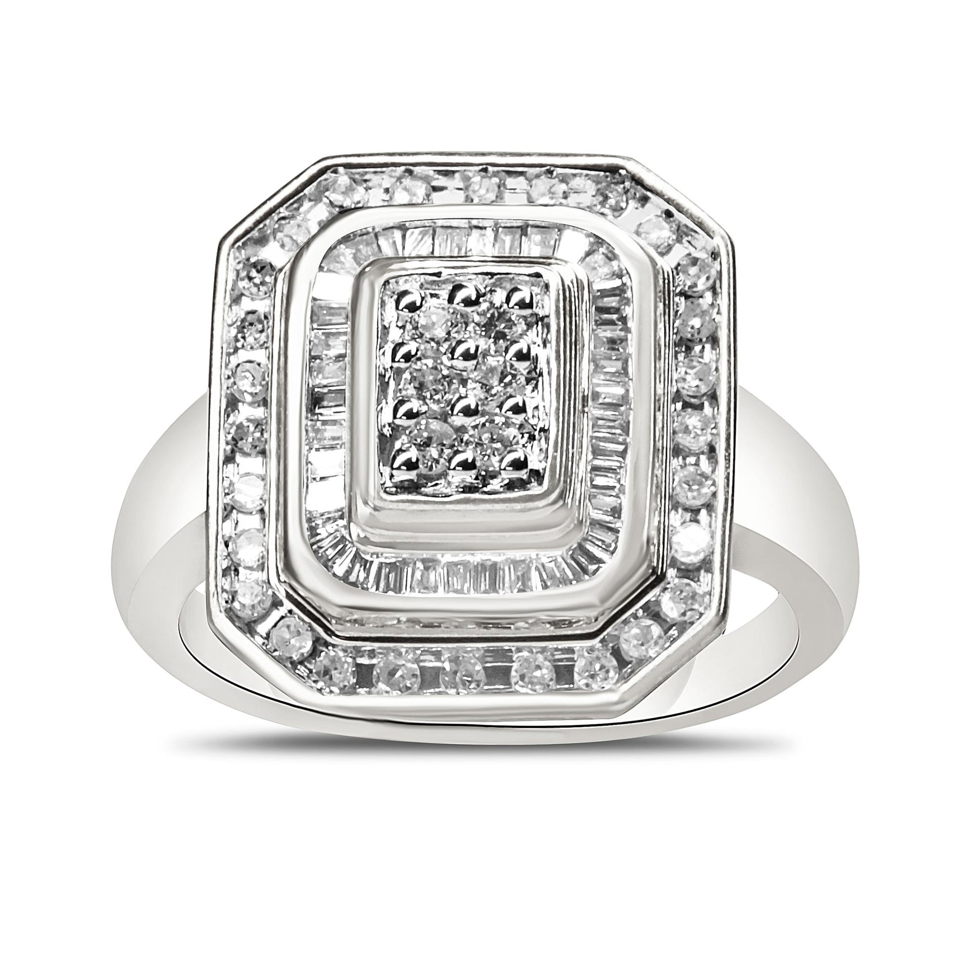 Front-facing white metal ring with square cluster of round white gemstones in pave setting, surrounded by baguette white gemstones in channel setting and an outer border of round white gemstones.
