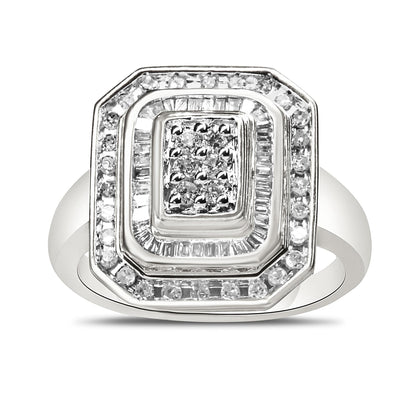 Front-facing white metal ring with square cluster of round white gemstones in pave setting, surrounded by baguette white gemstones in channel setting and an outer border of round white gemstones.