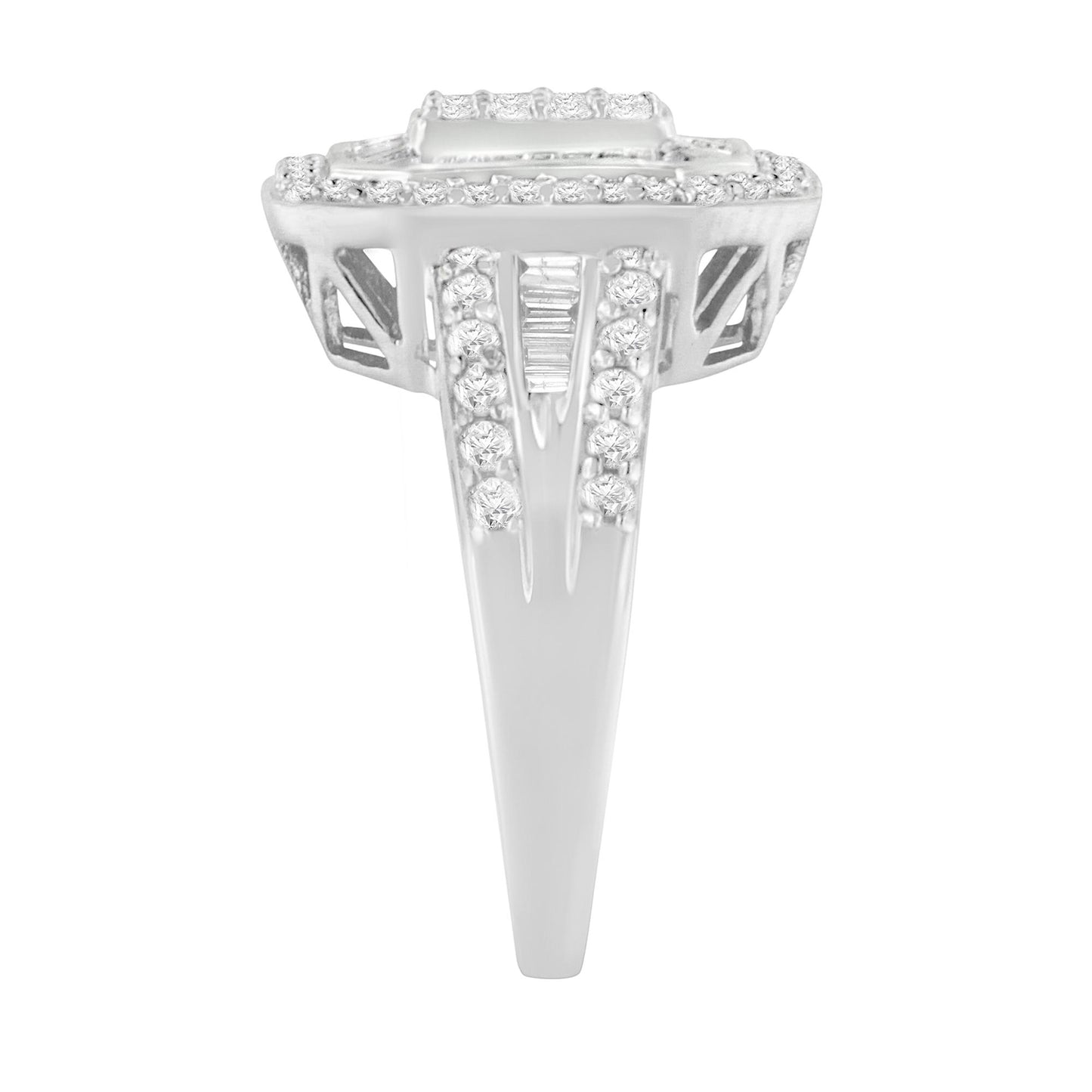 White-colored ring shown from a side angle featuring round white gemstones in pave setting and baguette-shaped white gemstones in channel setting along the band and top.