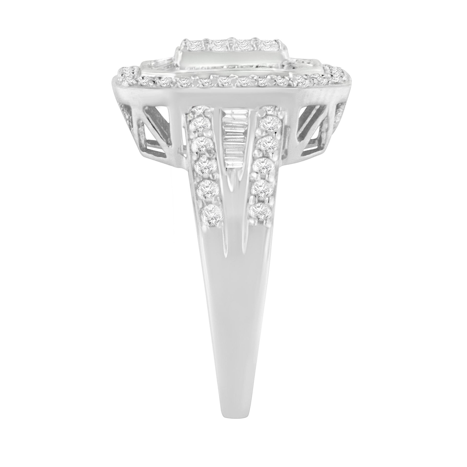 White-colored ring shown from a side angle featuring round white gemstones in pave setting and baguette-shaped white gemstones in channel setting along the band and top.