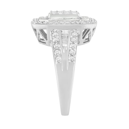 White-colored ring shown from a side angle featuring round white gemstones in pave setting and baguette-shaped white gemstones in channel setting along the band and top.