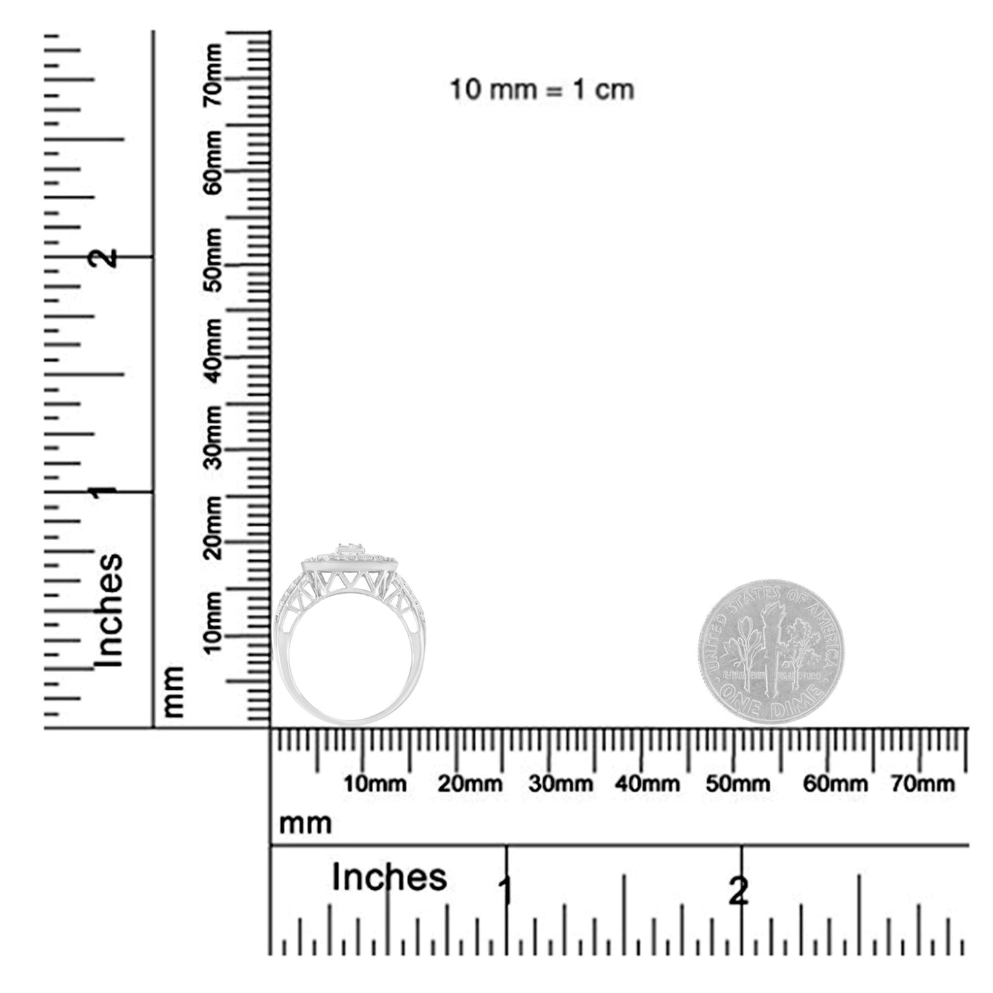 Side view of a white ring with round gemstones in pave setting and baguette gemstones in channel setting, shown on a ruler for size reference.