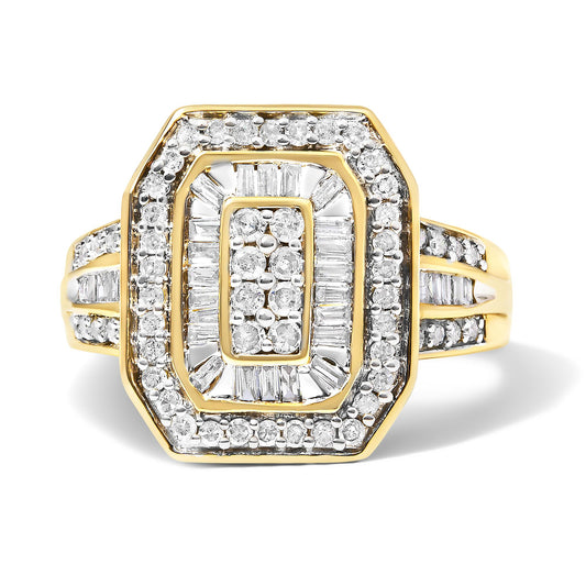 Front angle close-up of a yellow metal ring featuring round and baguette white gemstones in prong and channel settings arranged in layered geometric shapes.