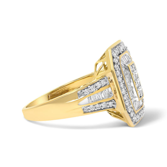 Side angle view of a yellow ring with numerous white round and baguette gemstones in prong and channel settings.