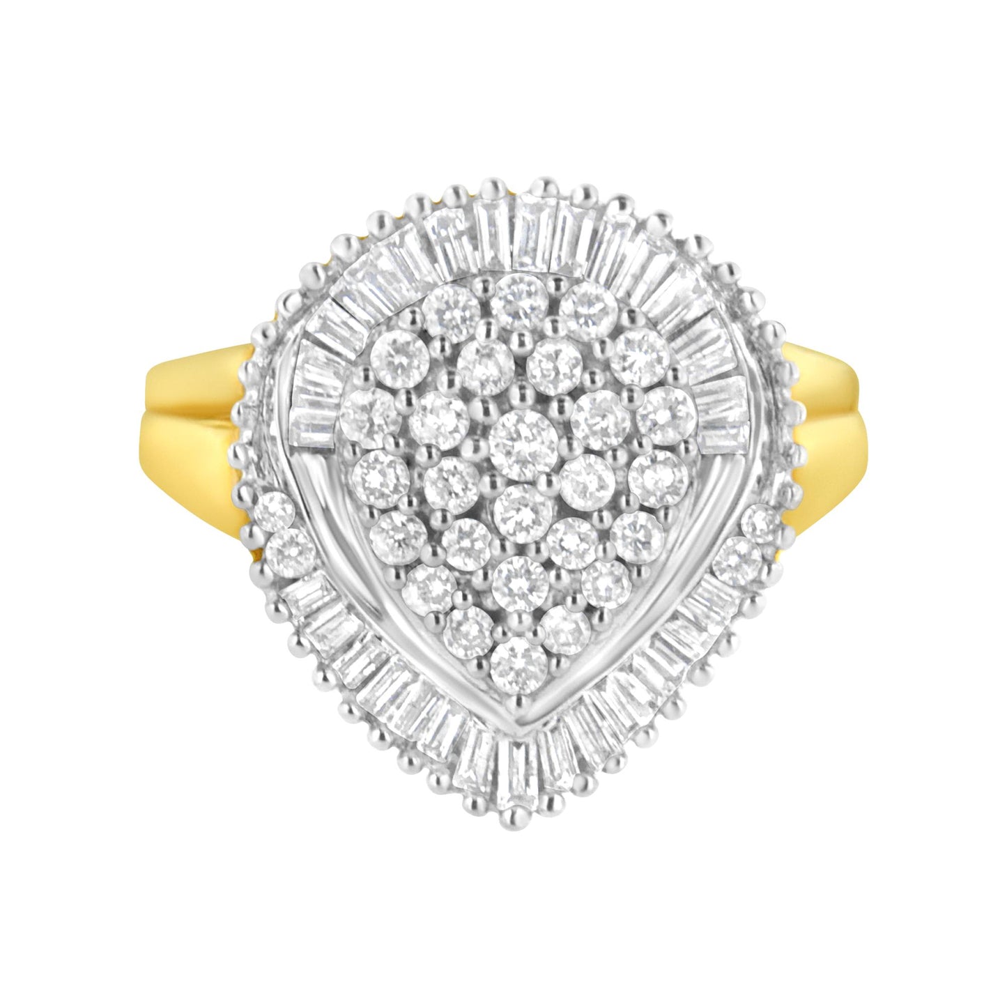 Top-down view of a yellow ring with a pear-shaped cluster of round white gemstones in prong setting surrounded by a border of baguette white gemstones in channel setting.