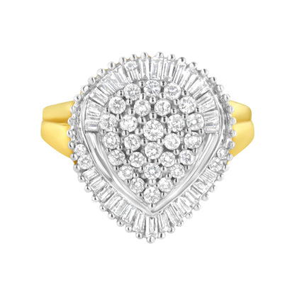 Top-down view of a yellow ring with a pear-shaped cluster of round white gemstones in prong setting surrounded by a border of baguette white gemstones in channel setting.