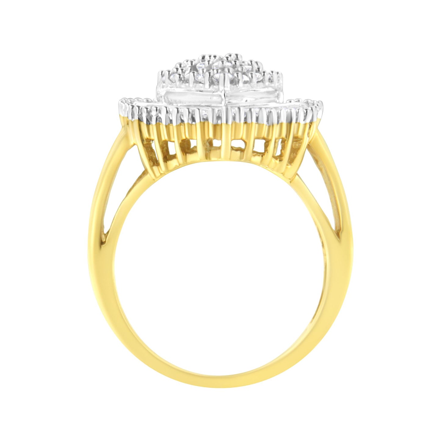 Side view of a yellow metal ring featuring a raised setting with white round prong-set gemstones and white baguette channel-set gemstones.