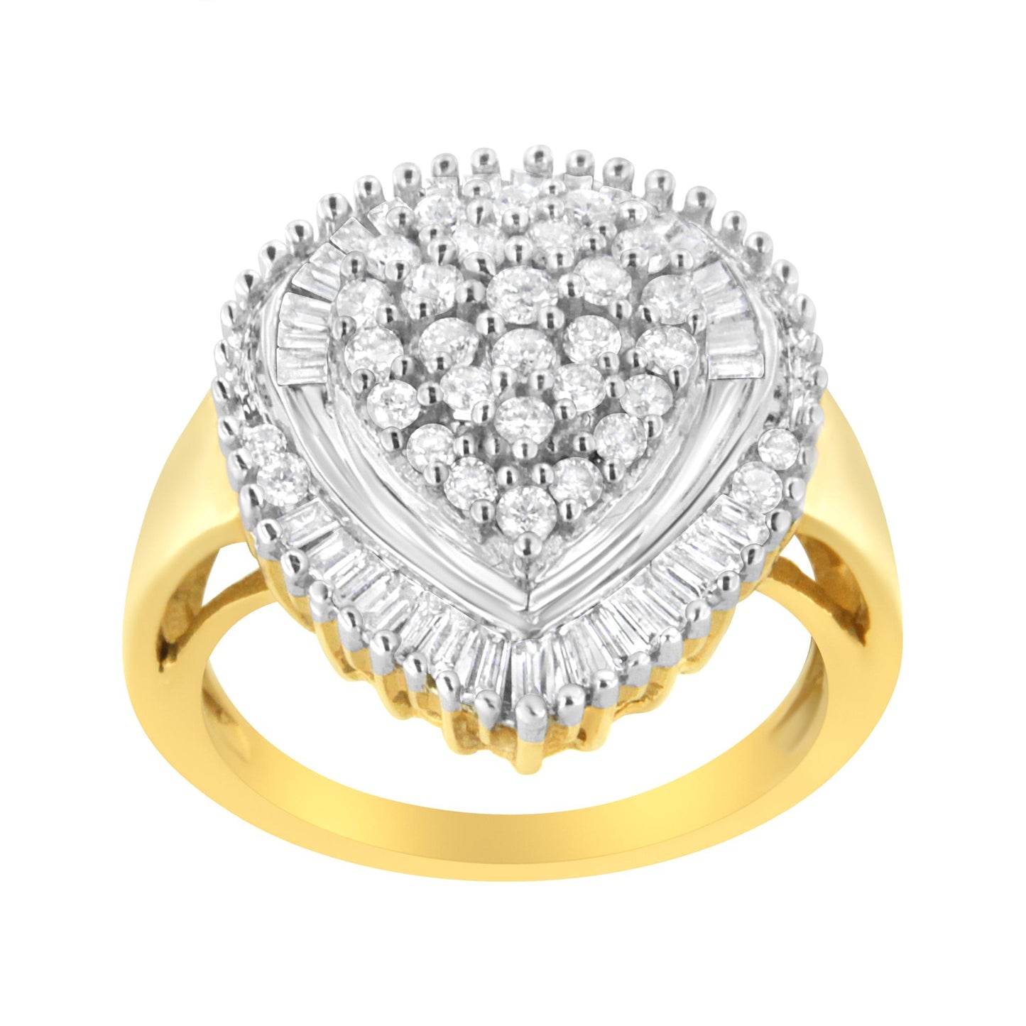 Top front angle view of a yellow ring featuring a heart-shaped cluster of round prong-set white gemstones surrounded by a border of baguette channel-set white gemstones.