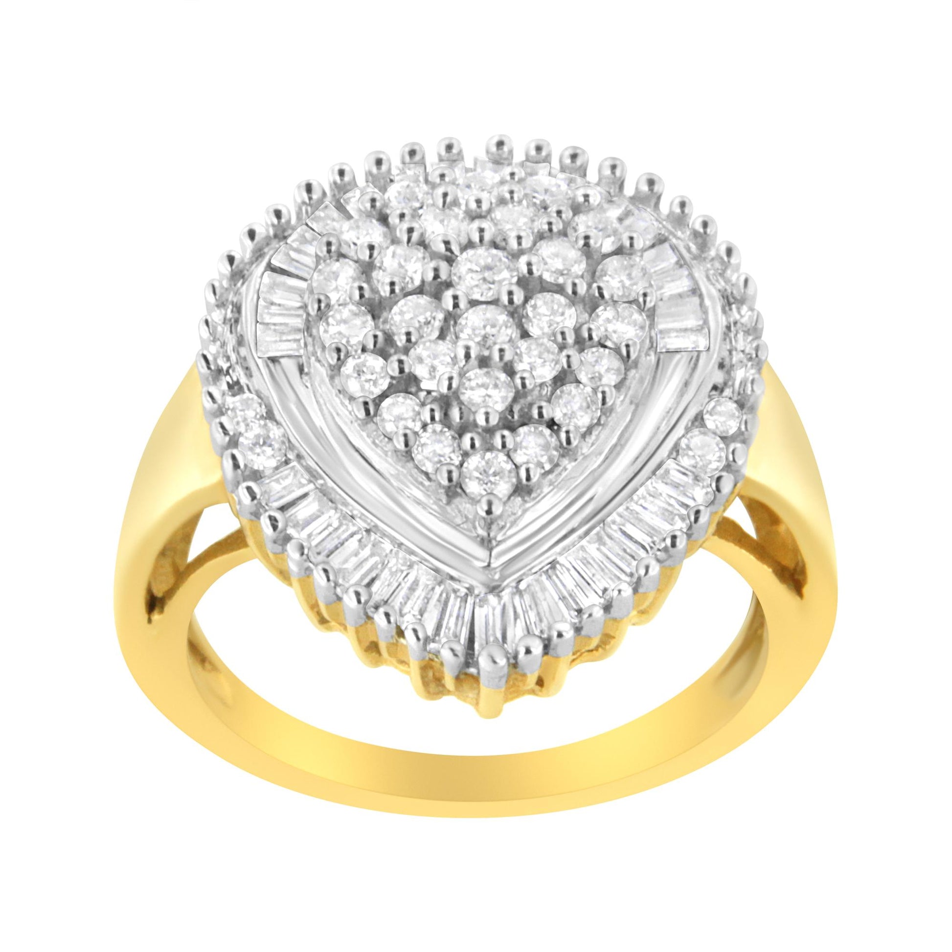 Top front angle view of a yellow ring featuring a heart-shaped cluster of round prong-set white gemstones surrounded by a border of baguette channel-set white gemstones.
