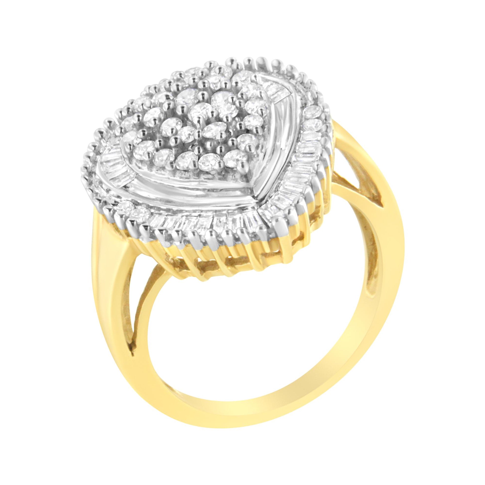 Close-up angle of a yellow ring with a heart-shaped cluster of prong-set round white gemstones in the center, surrounded by a border of channel-set baguette white gemstones.