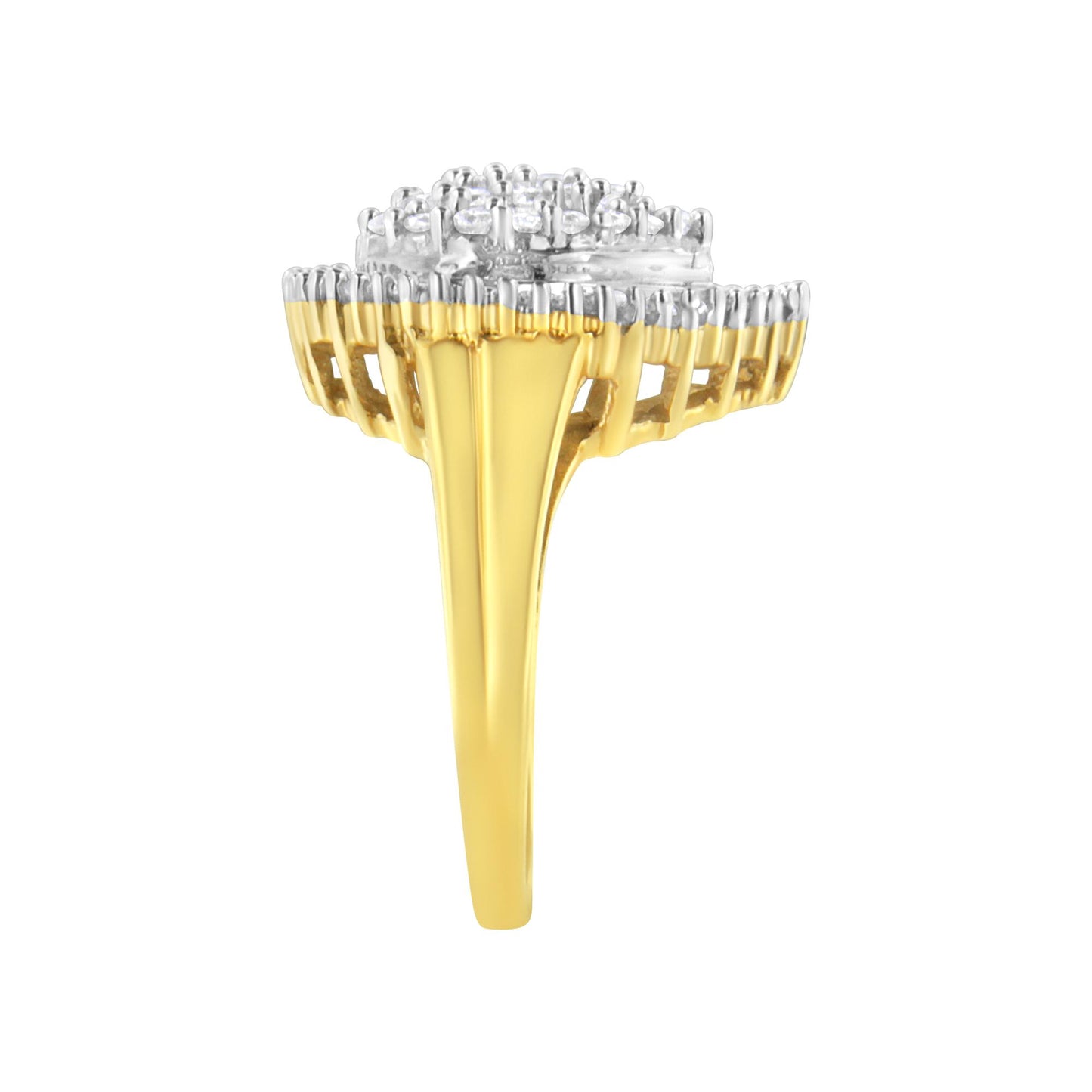 Side view of a yellow ring featuring a cluster of round white gemstones in prong settings and baguette white gemstones in channel settings along the top.