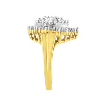 Side view of a yellow ring featuring a cluster of round white gemstones in prong settings and baguette white gemstones in channel settings along the top.