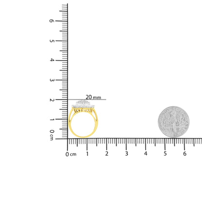 Yellow metal ring with round and baguette white gemstones, viewed from the side, positioned on a ruler for size reference.