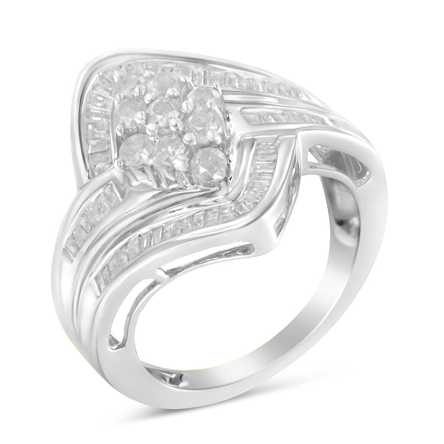 White metal ring with clusters of round white gemstones in prong settings and rows of baguette-shaped white gemstones in channel settings, shown from a front angled view.