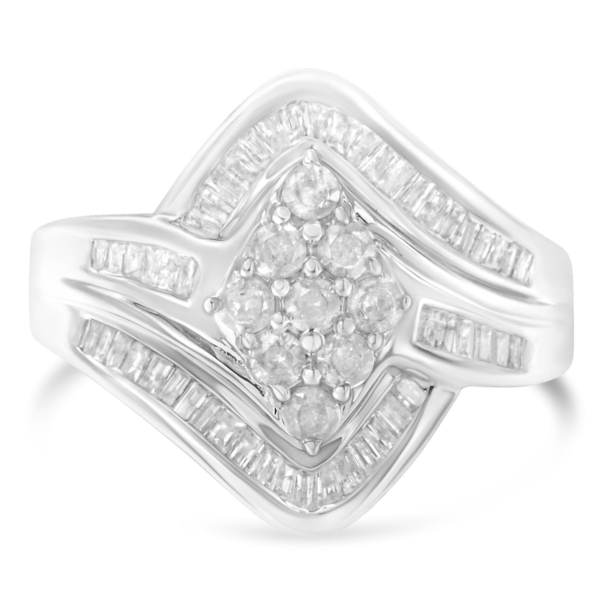 Close-up front view of a white metal ring featuring a cluster of round white gemstones in prong settings at the center, surrounded by rows of baguette white gemstones in channel settings along the band.