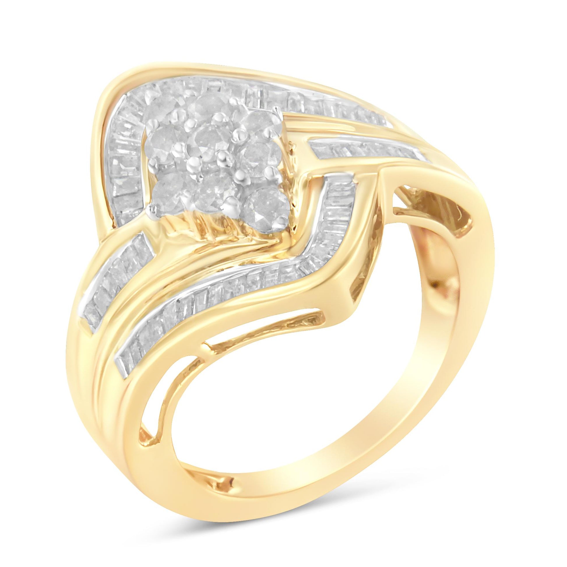 Yellow metal ring with a cluster of round white gemstones in prong setting at the center and multiple rows of baguette white gemstones in channel setting along the band, shown in a front angled view.