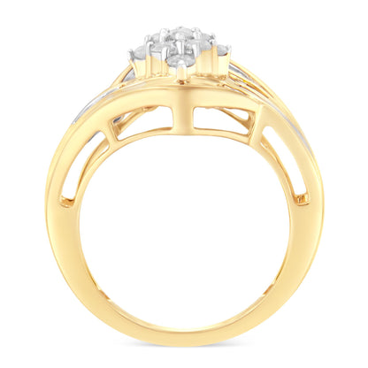 Yellow metal ring with round white gemstones in prong setting and baguette white gemstones in channel setting, shown from a side angle.