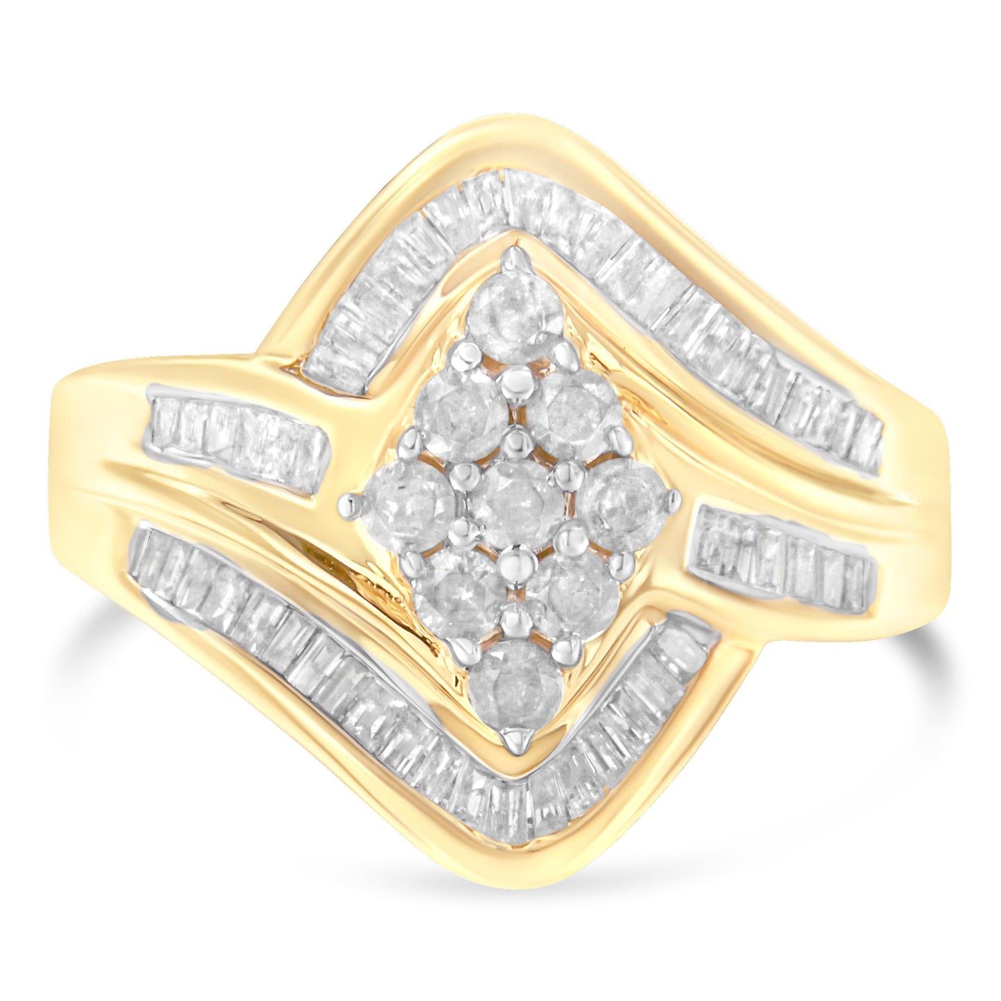 Yellow metal ring with round prong-set white gemstones clustered at the center, surrounded by channel-set baguette white gemstones in a geometric pattern, shown in a front-facing angle.