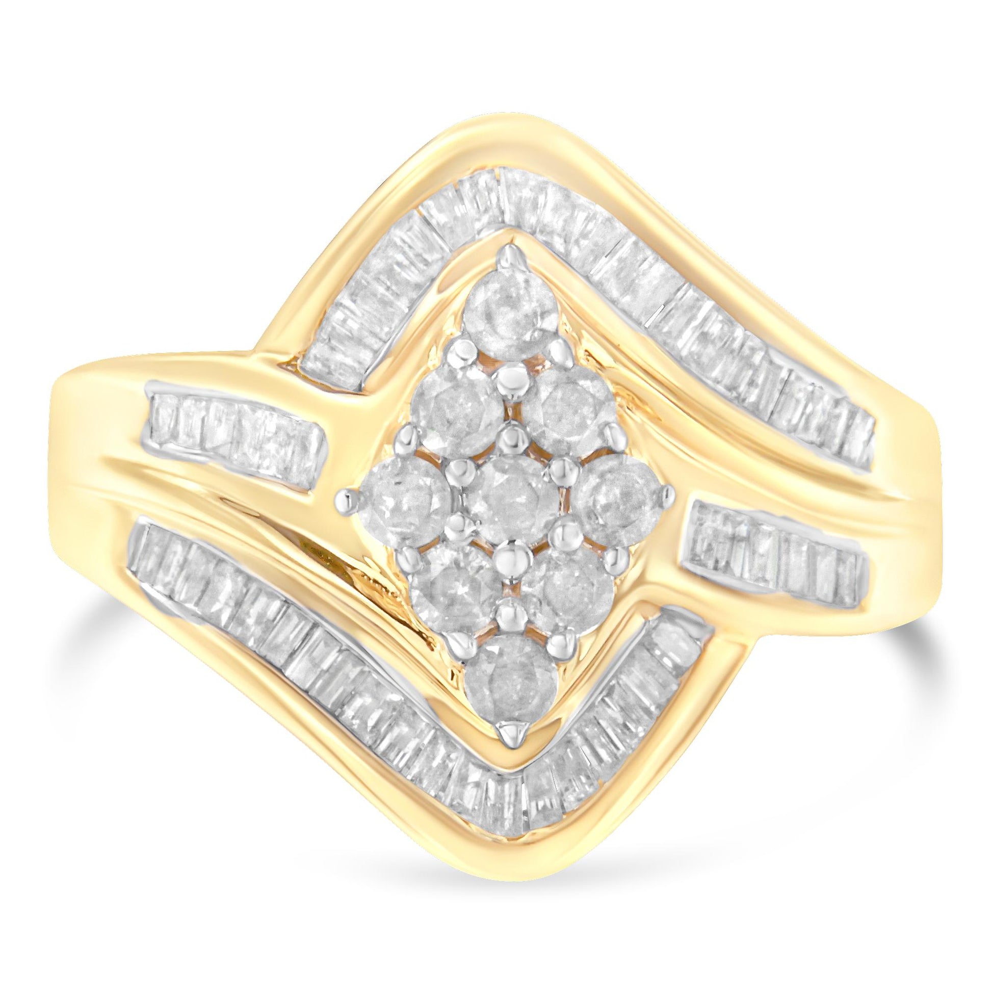 Yellow metal ring with round prong-set white gemstones clustered at the center, surrounded by channel-set baguette white gemstones in a geometric pattern, shown in a front-facing angle.