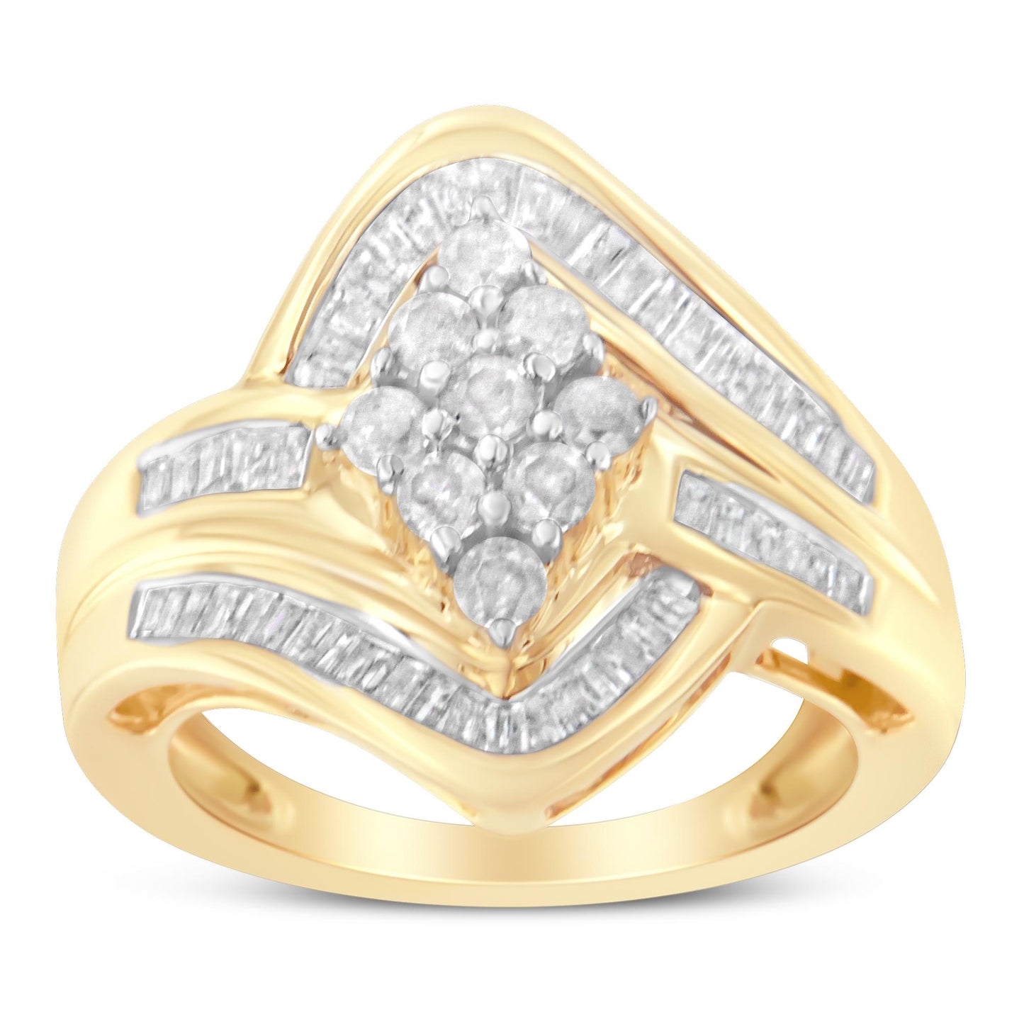 Yellow metal ring with a cluster of round white gemstones in prong settings at the center, surrounded by curved rows of channel-set baguette white gemstones, shown from a front angle.