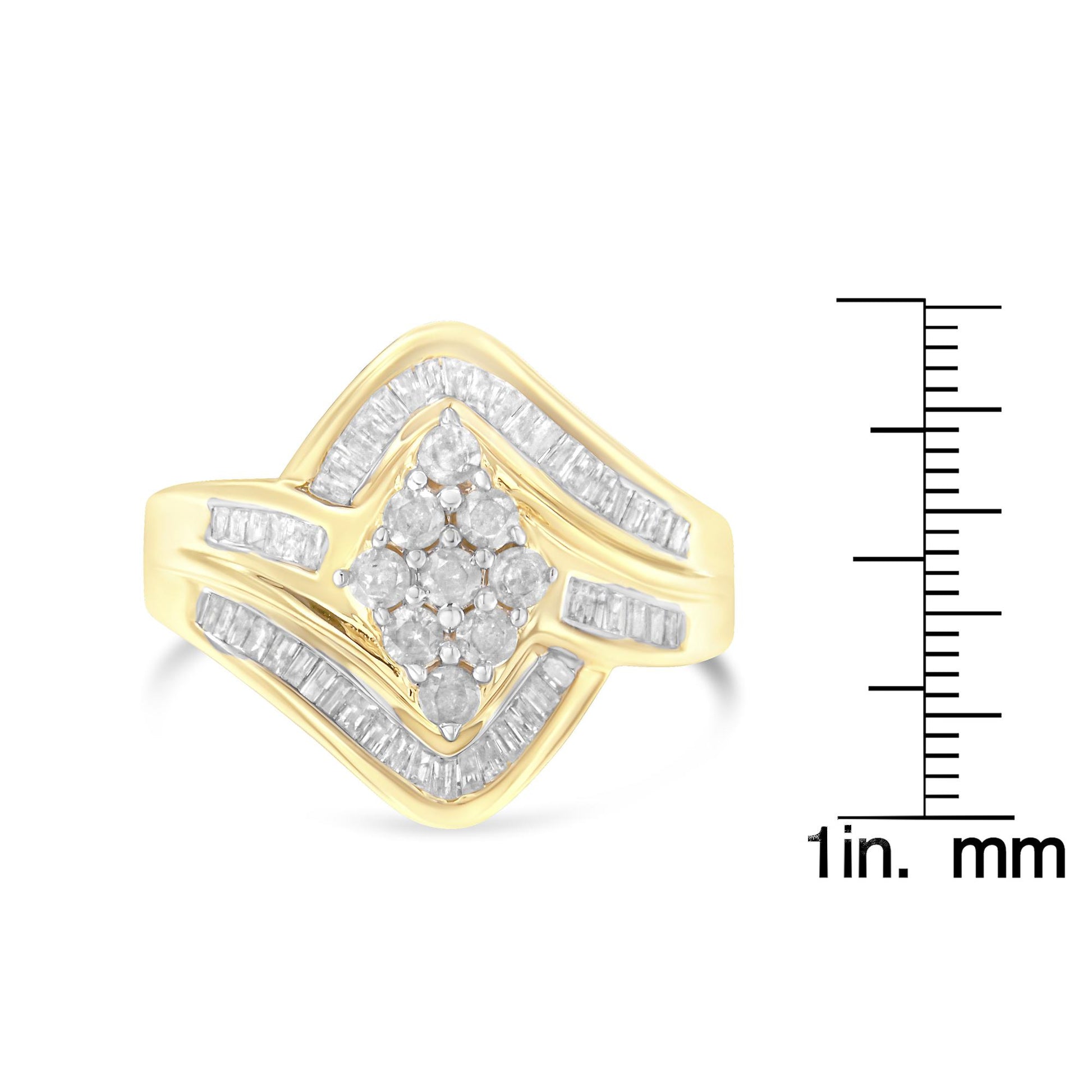Yellow ring with clusters of round white gemstones in prong settings at center, surrounded by rows of baguette white gemstones in channel settings, shown at front angle next to a ruler for size reference.