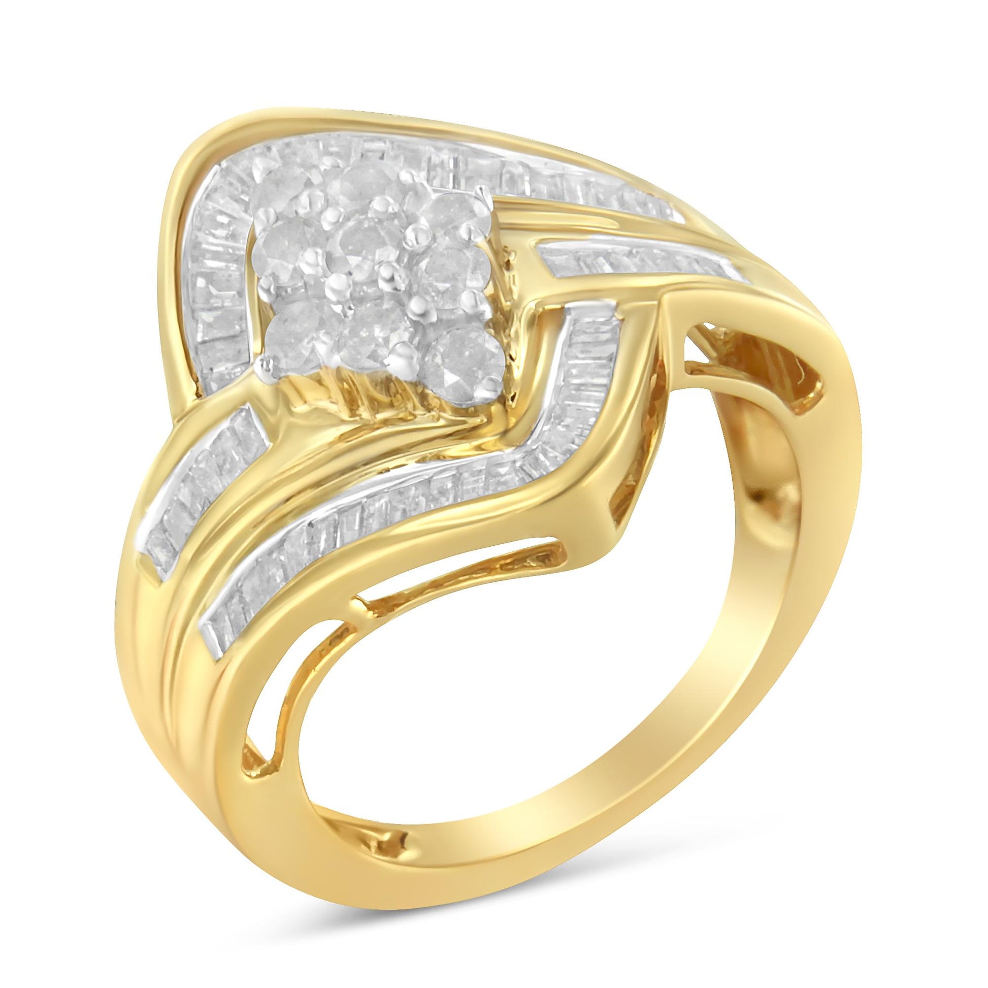 Yellow metal ring with a cluster of round white gemstones in prong settings at the center and multiple baguette white gemstones in channel settings along the band, shown at a slight angle.
