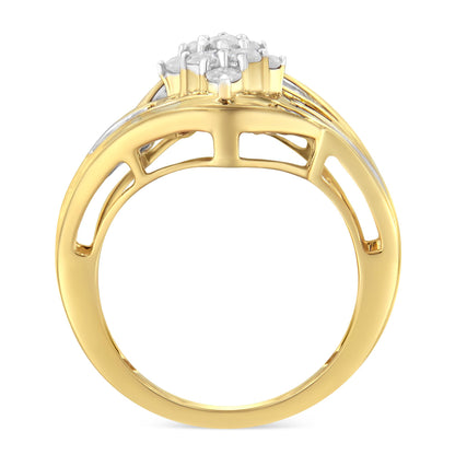 Side view of a yellow metal ring featuring a cluster of round white gemstones in prong settings on top, with baguette-shaped white gemstones set in channels along the band.