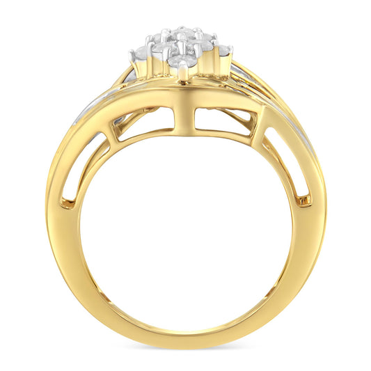 Side view of a yellow metal ring featuring a cluster of round white gemstones in prong settings on top, with baguette-shaped white gemstones set in channels along the band.